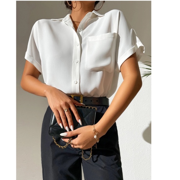 White Casual Button Up / Down Shirt Collar V-Neck Button Front Short Sleeve - Picture 13 of 17